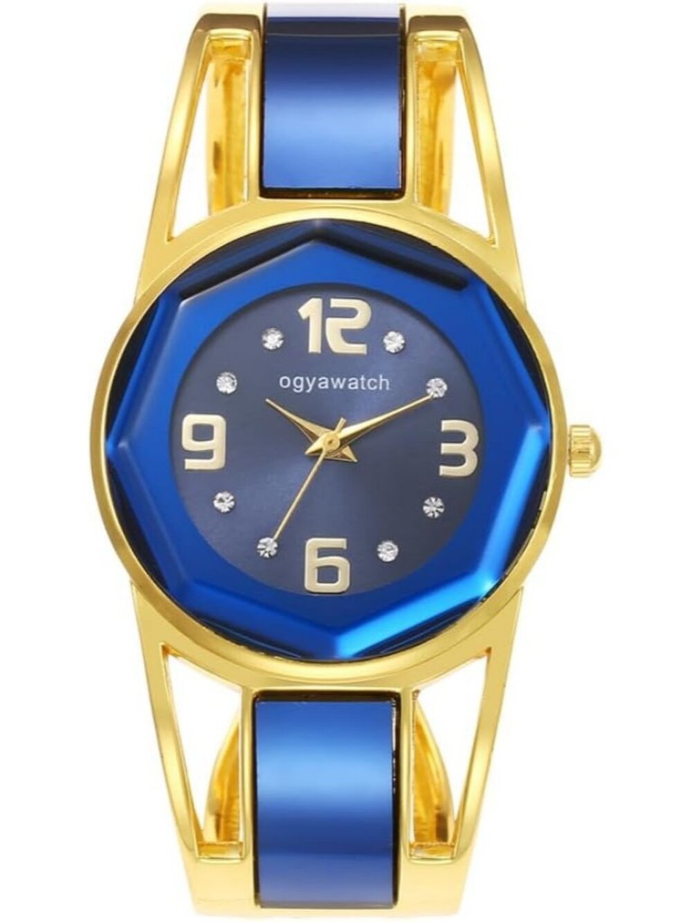 Women's Blue Simple Round Dial Crystal Cuff Bangle Bracelet Analog Quartz Watch